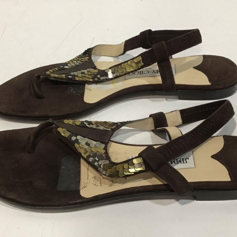 Women’s Jimmy Choo Brown Nubuck Flat Sandals with Sequins Straps Size 38.5